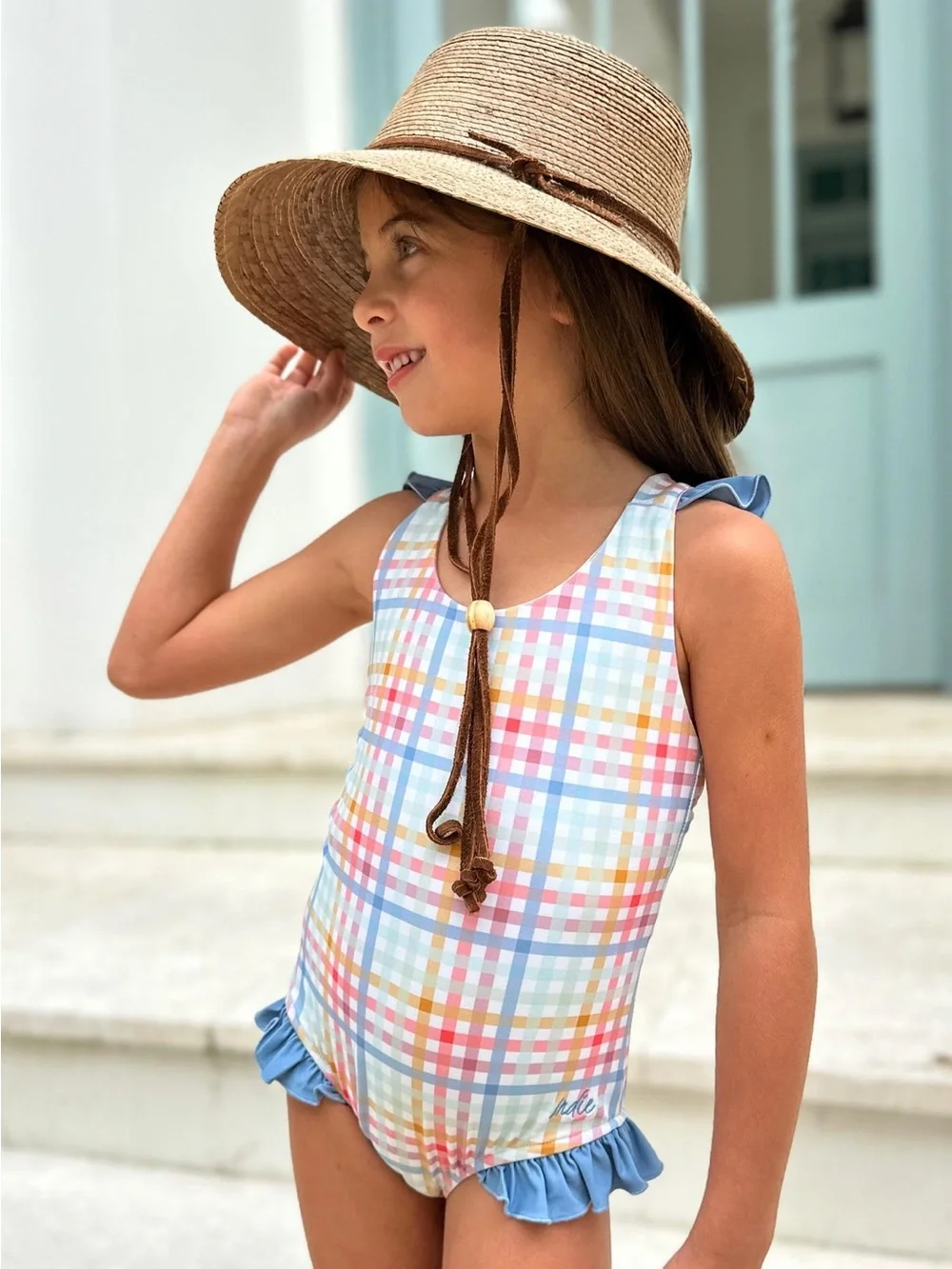INDIE BLUE Girls Crossback One Piece Swimsuit Size 12/14 Preppy Pastel Plaid